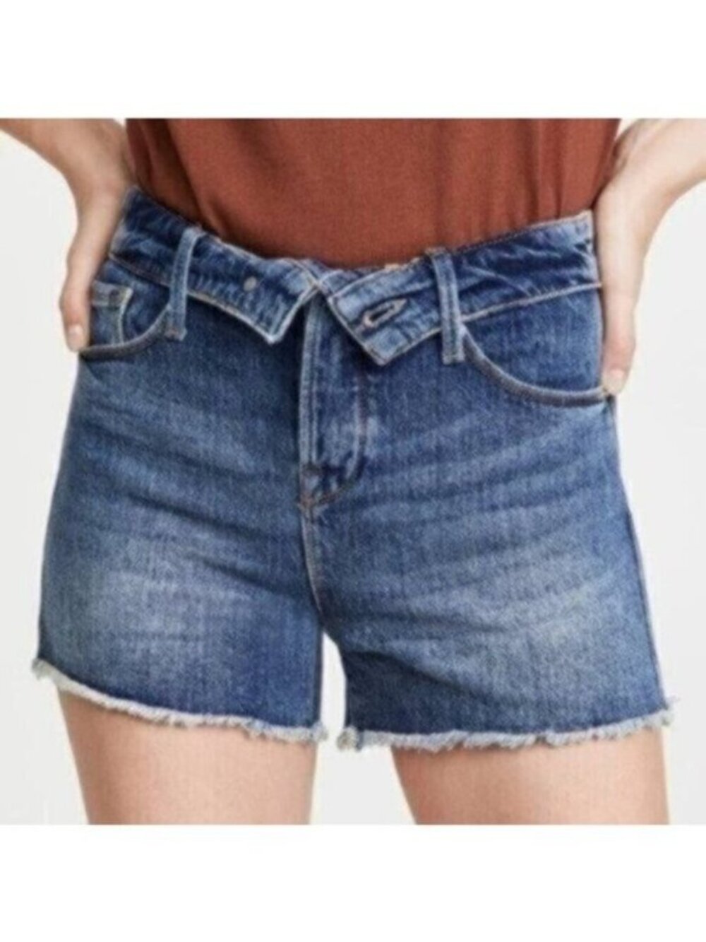 Good American Cut Off Fold Over Waist Jean Shorts Blue Siz 2